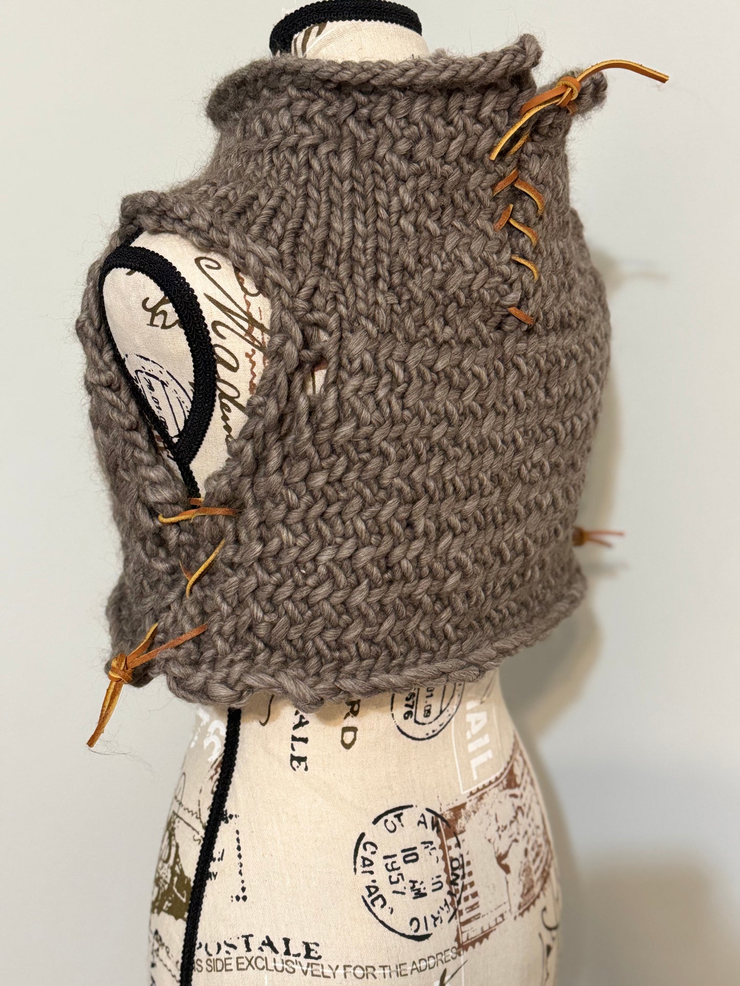 Cozy Huntress Vest - Hand-Knitted Leather-Laced Herringbone Vest - Ready to Ship